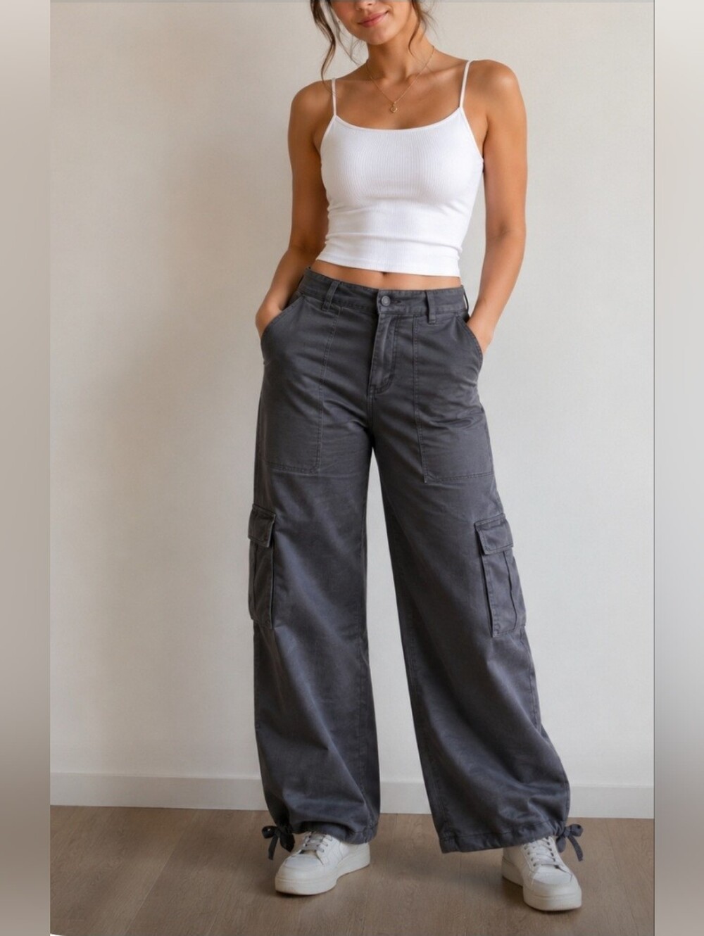 Women's Lightweight Summer Corduroy Cargo Pants with Ankle Ties